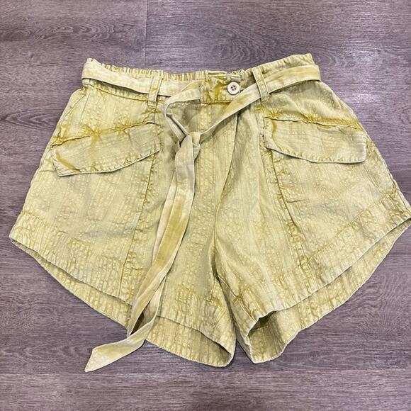 Free People NEW Sierra Hills Tie‎ Waist Shorts Palm Leaf Khaki Yellow Small Boho - Picture 1 of 8